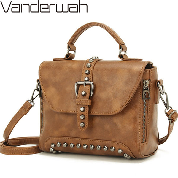 Hot White Vintage Oil Leather Luxury Handbags Women Bags Designer Crossbody Bags For Women 2018 Rivet Small Ladies Hand bag Sac