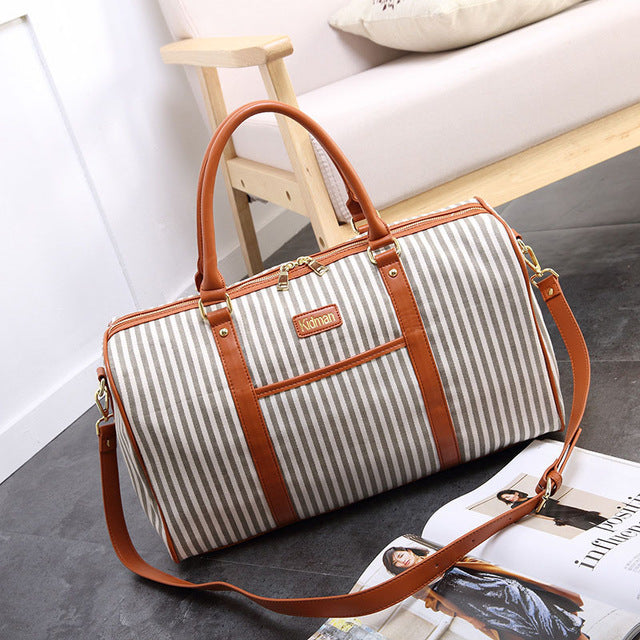 Canvas+PU Leather Women Travel Bag Fashion Striped Duffel Tote Large Weekend Bag Female Packing Cubes Suitcase Shoulder Bags