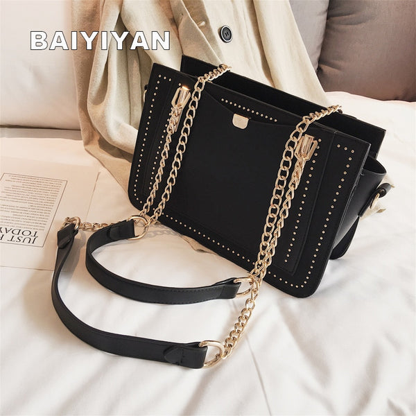 Luxury Rivet Handbag Women's Bag Designer Brand Metal Chain Tote Bag Casual PU Leather Crossbody Bag