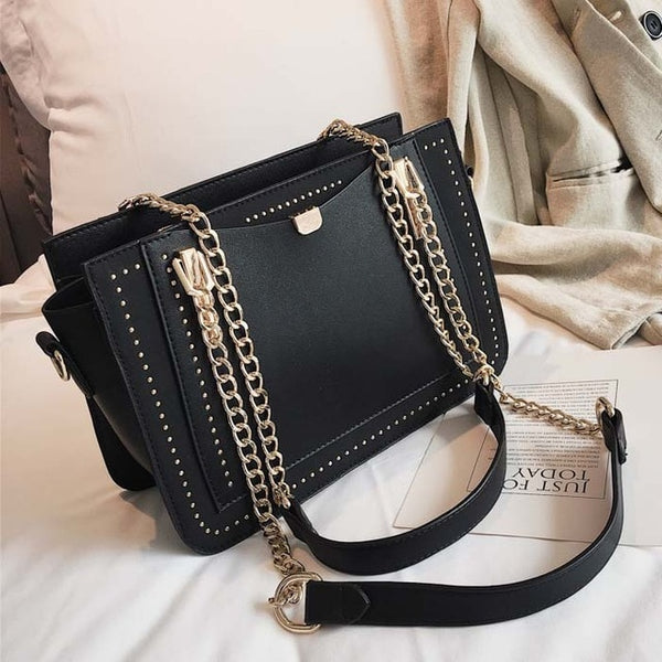 Luxury Rivet Handbag Women's Bag Designer Brand Metal Chain Tote Bag Casual PU Leather Crossbody Bag