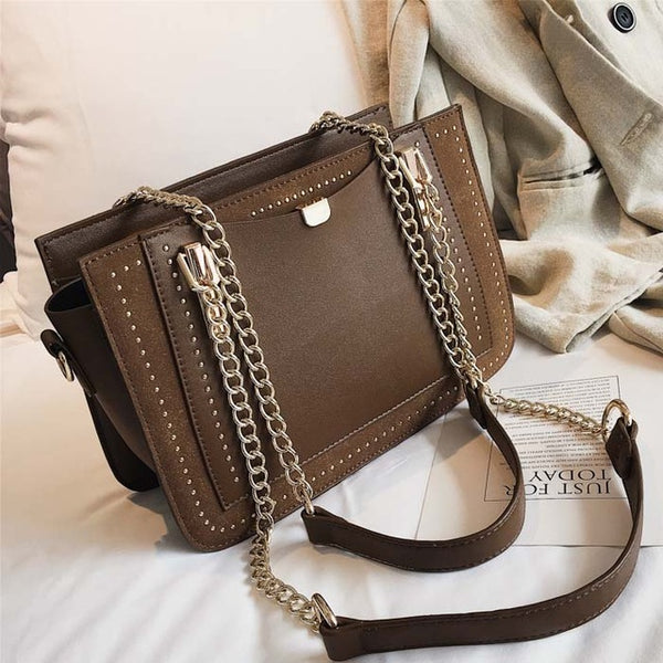 Luxury Rivet Handbag Women's Bag Designer Brand Metal Chain Tote Bag Casual PU Leather Crossbody Bag