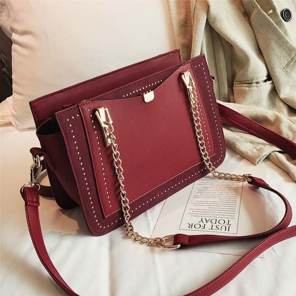 Luxury Rivet Handbag Women's Bag Designer Brand Metal Chain Tote Bag Casual PU Leather Crossbody Bag